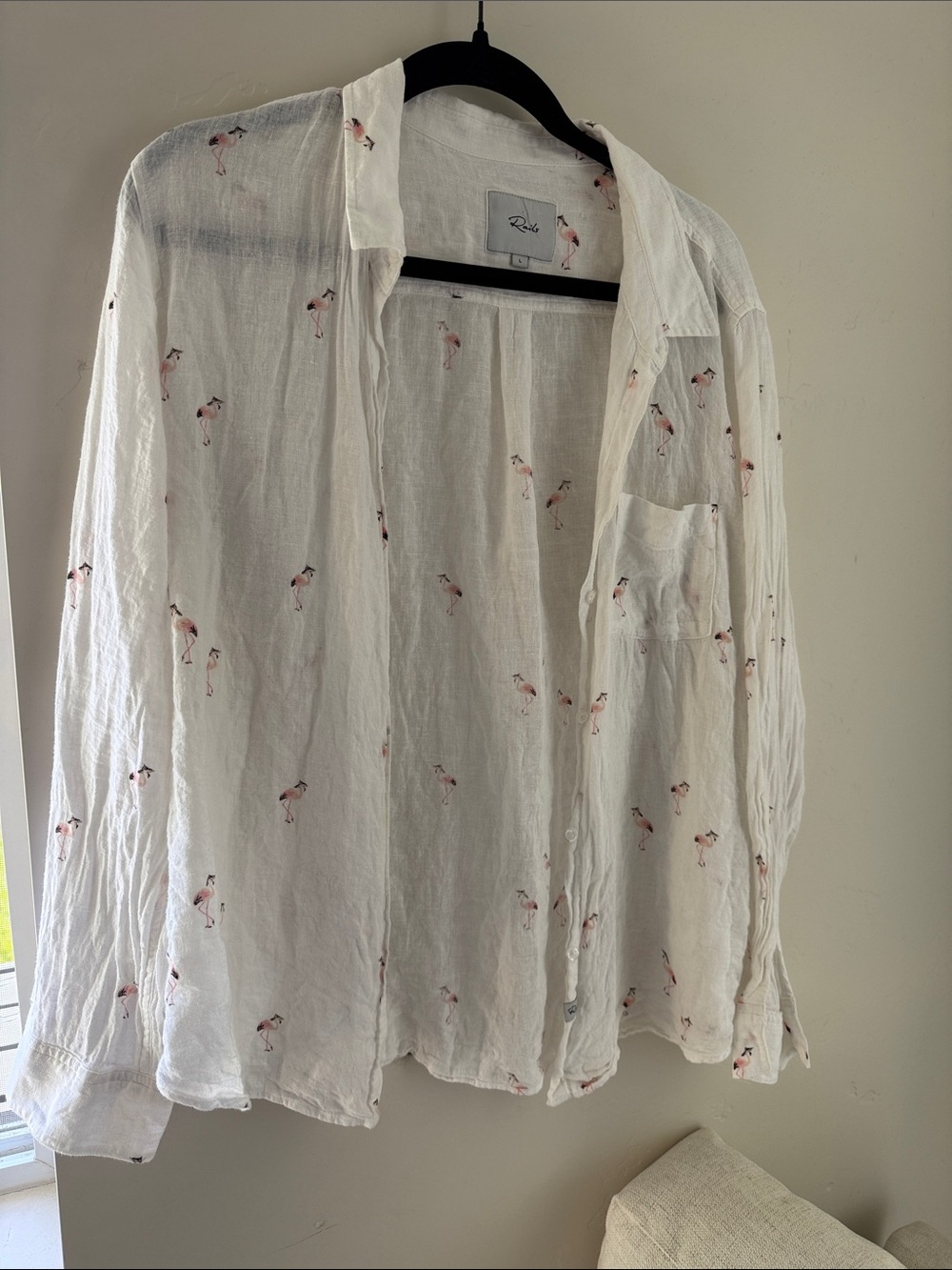 Rails White linen blend Button-Down Shirt with Pink Flamingo Print L